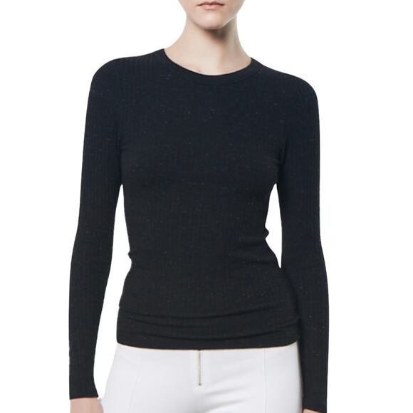 ENZA COSTA Long Sleeve Crew Neck T Shirt Womens Small Black Speckle Rib Knit NEW - Picture 1 of 14